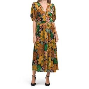 FARM RIO Dress, Black Garden V-Neck Midi, Size Small, New